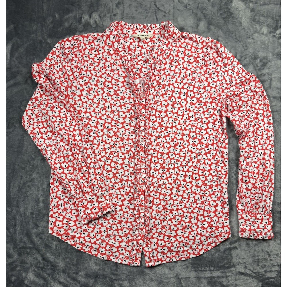 Boden Red White Floral Ruffle Neck Blouse Women's 10